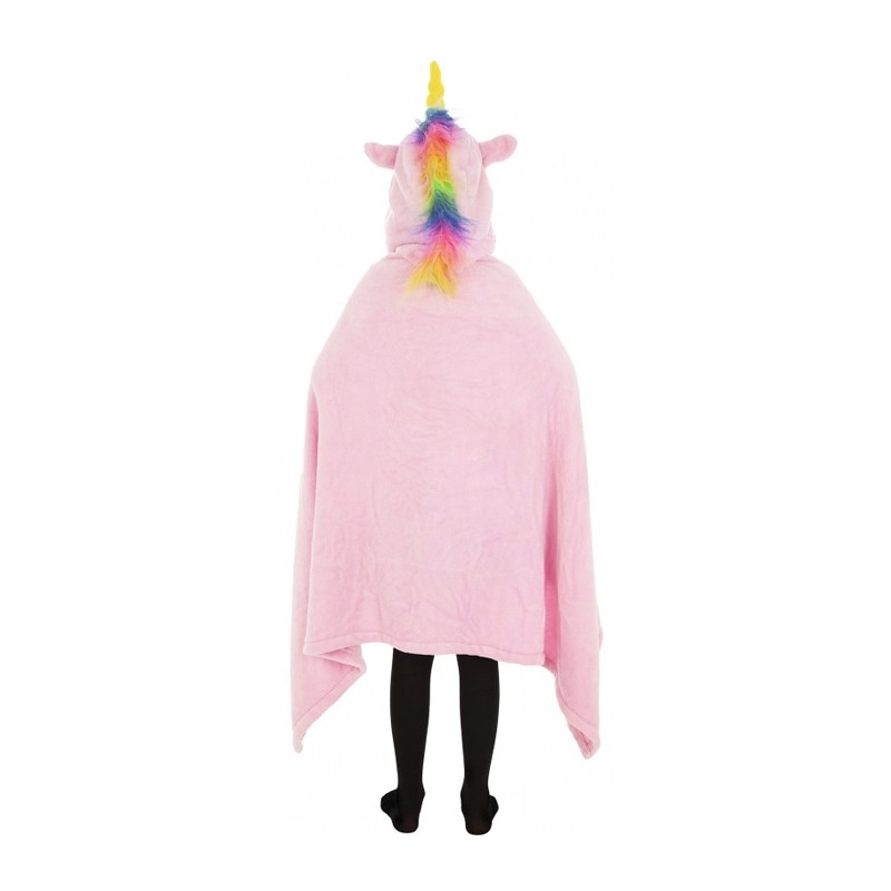 Cape licorne rose pour enfant de 6 à 12 ans, capuche en tête de licorne avec crinière multicolore  