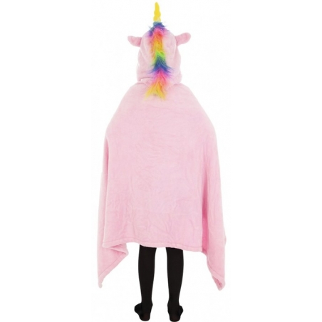 Cape licorne rose pour enfant de 6 à 12 ans, capuche en tête de licorne avec crinière multicolore  