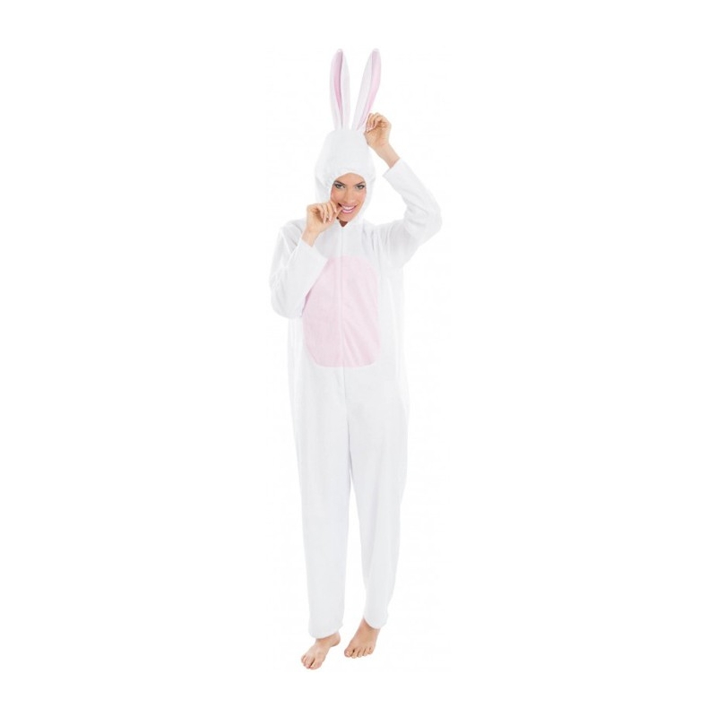 déguisement de lapin blanc porté par une femme, combinaison blanche et rose à capuche