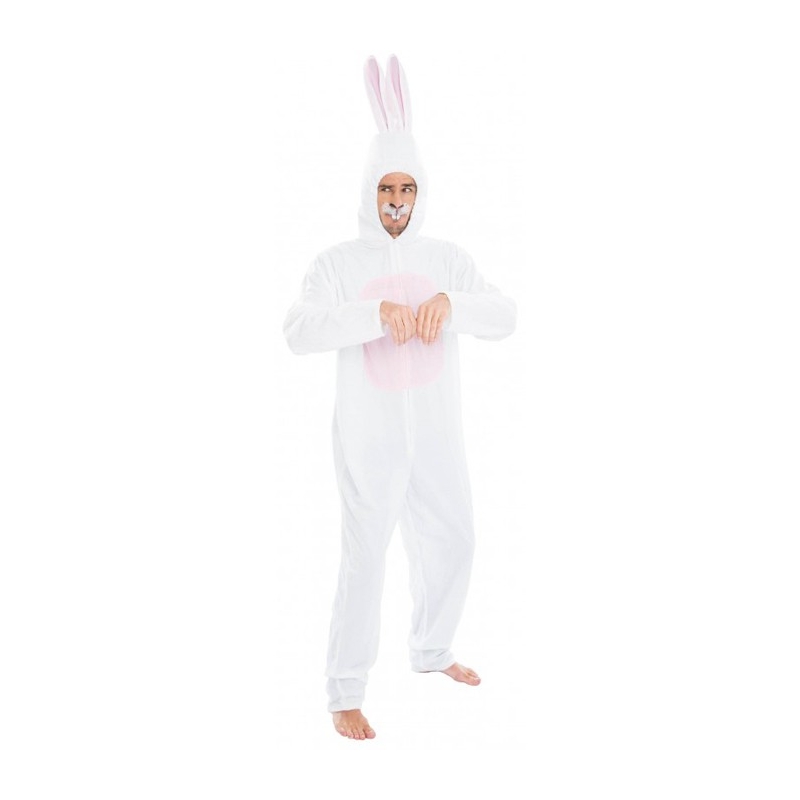 déguisement de lapin blanc porté par un homme, combinaison à capuche