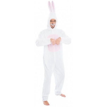 déguisement de lapin blanc porté par un homme, combinaison à capuche
