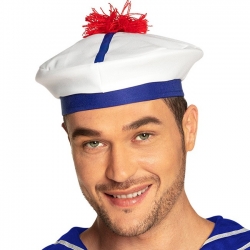 Béret marin blanc et bleu avec pompon rouge