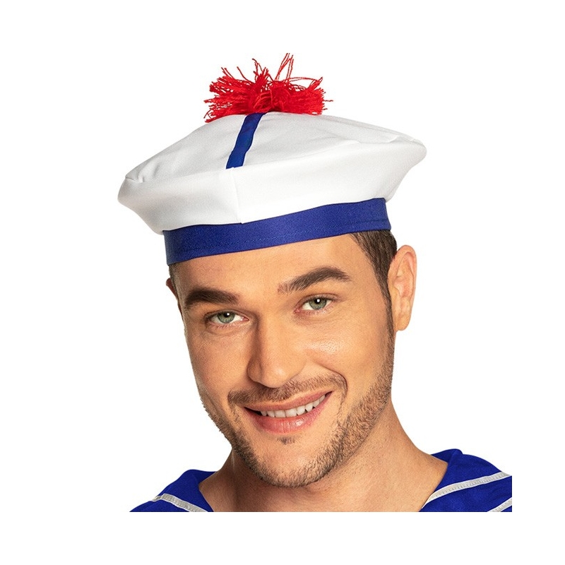 Béret marin blanc et bleu avec pompon rouge