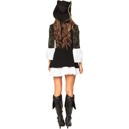 Robe de pirate pour femme vue de dos : robe bustier avec jupon, veste, hauts de bottes et chapeau souple