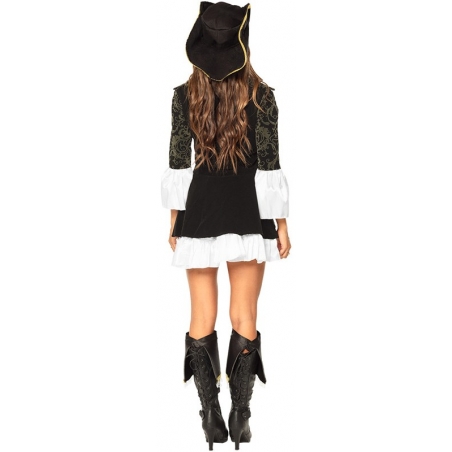 Robe de pirate pour femme vue de dos : robe bustier avec jupon, veste, hauts de bottes et chapeau souple Robe de pirate pour femme vue de dos : robe bustier avec jupon, veste, hauts de bottes et chapeau souple