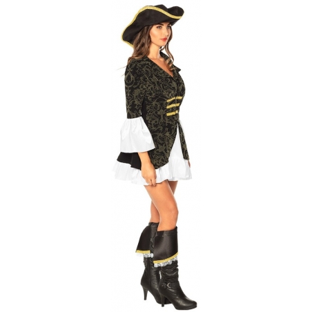 Déguisement de femme pirate : robe avec jupon, veste noire, hauts de bottes et chapeau (vue de profil)