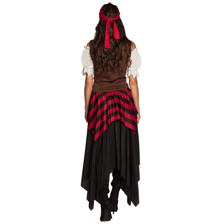 Tenue de pirate pour femme, déguisement avec longue robe noire et boléro et bandeau (vue de dos)