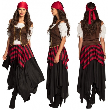 Costume de pirate pour femme, robe longue avec rayures noires et rouges