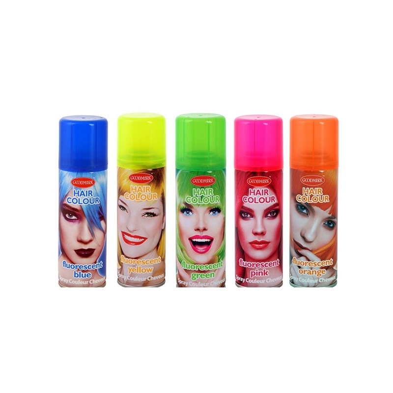 Laque pour cheveux couleur fluo : rose, orange, vert, bleu, jaune