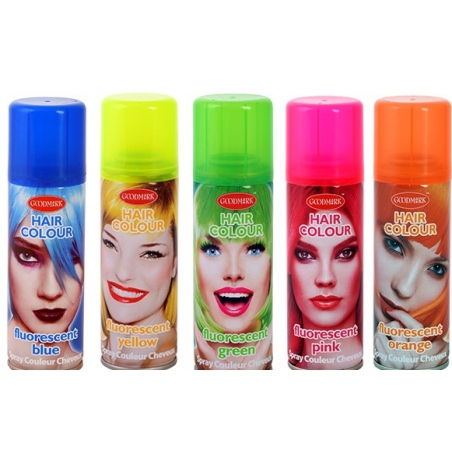 Laque pour cheveux couleur fluo : rose, orange, vert, bleu, jaune