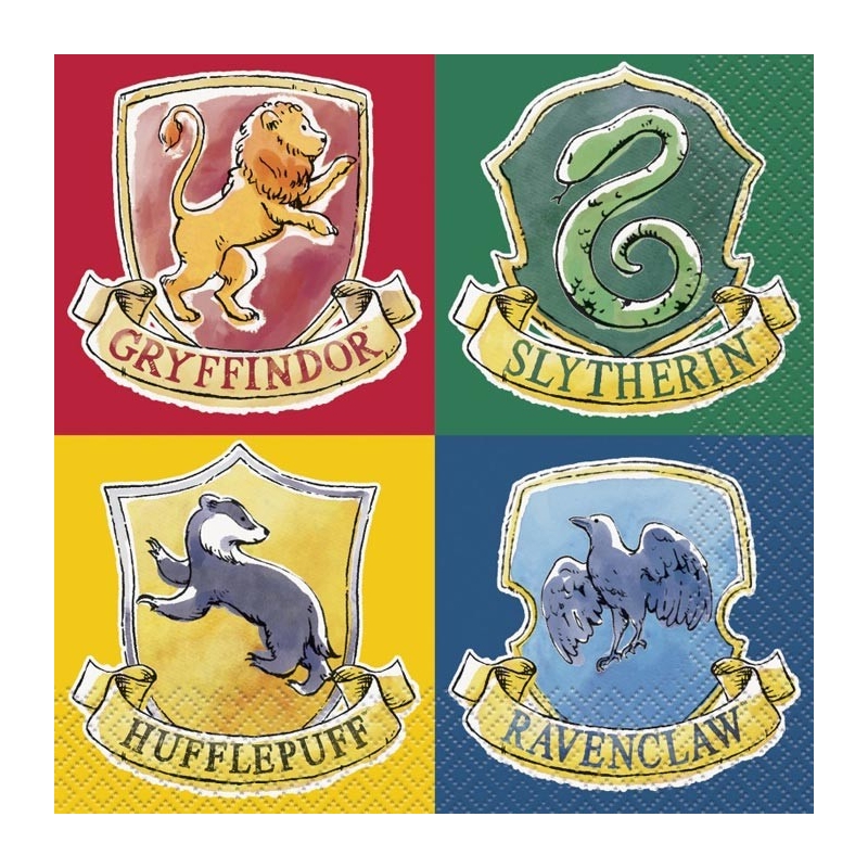 Serviette Harry Potter en papier avec le blason des 4 maisons de Poudlard, lot de 16 serviettes de 33 x 33 cm