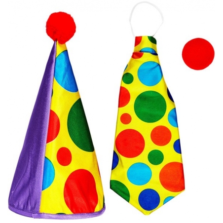 Kit clown jaune avec pois multicolores avec cravate géante, chapeau et nez Kit clown jaune avec pois multicolores avec cravate géante, chapeau et nez