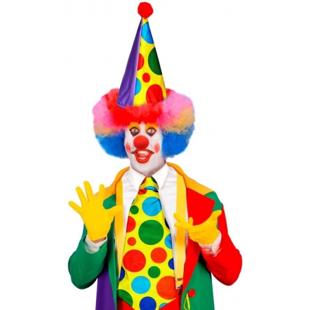 Kit de clown avec cravate géante, chapeau et nez porté par un homme