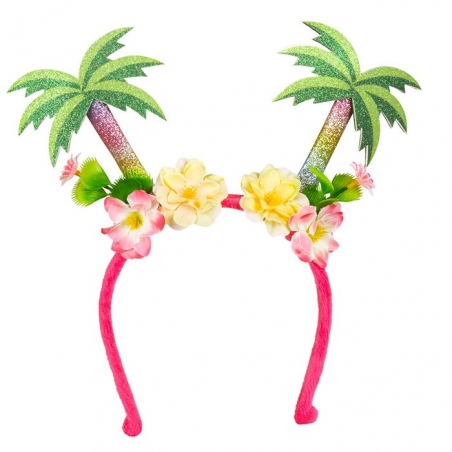 Accessoire sur le thème d'Hawaï : Serre-tête avec palmiers et paillettes