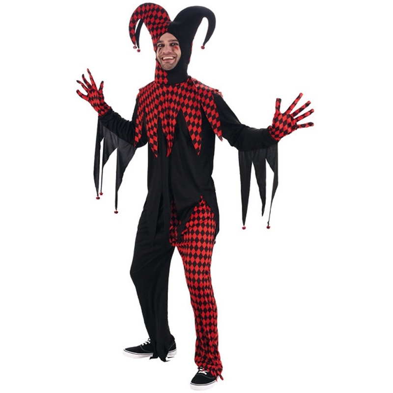 Déguisement Arlequin rouge et noir adulte, incarnez un fou du roi déjanté pour votre soirée d'Halloween
