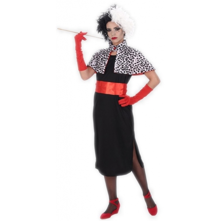 Déguisement femme Cruella avec robe, cape, ceinture et gants