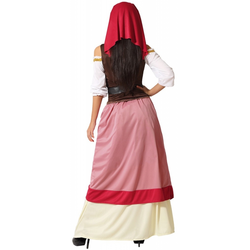 déguisement femme du moyen-âge avec jupe, corsage, boléro, serre-tête avec foulard, ceinture et bourse