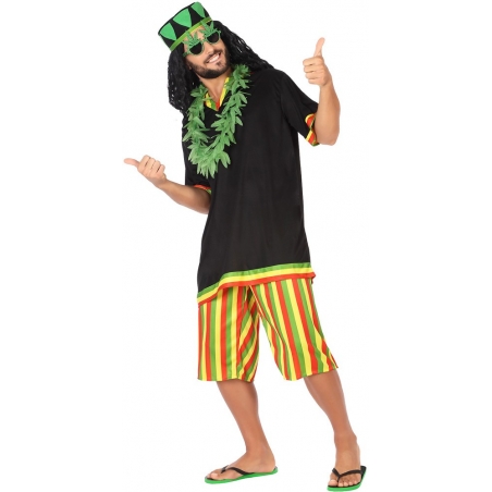 Déguisement jamaicain pour homme avec short, t-shirt et chapeau idéal pour une soirée à thème ou un carnaval Déguisement jamaicain pour homme avec short, t-shirt et chapeau idéal pour une soirée à thème ou un carnaval