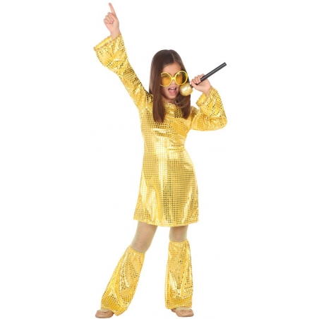 Déguisement fille disco doré, robe disco couleur or avec jambières Déguisement fille disco doré, robe disco couleur or avec jambières