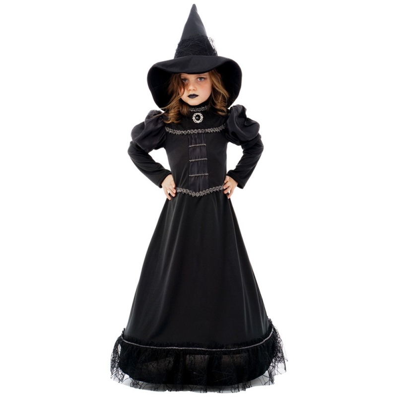 Déguisement de sorcière magie noire pour fille avec robe et chapeau
