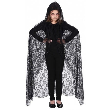 Cape à capuche en dentelle noire avec roses pour femme 150 cm Cape à capuche en dentelle noire avec roses pour femme 150 cm
