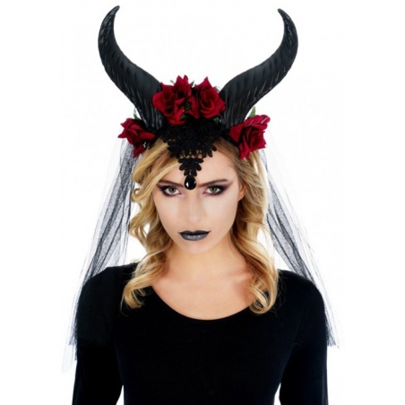 Cornes reine maléfique avec roses, un accessoire idéal pour Halloween Cornes reine maléfique avec roses, un accessoire idéal pour Halloween
