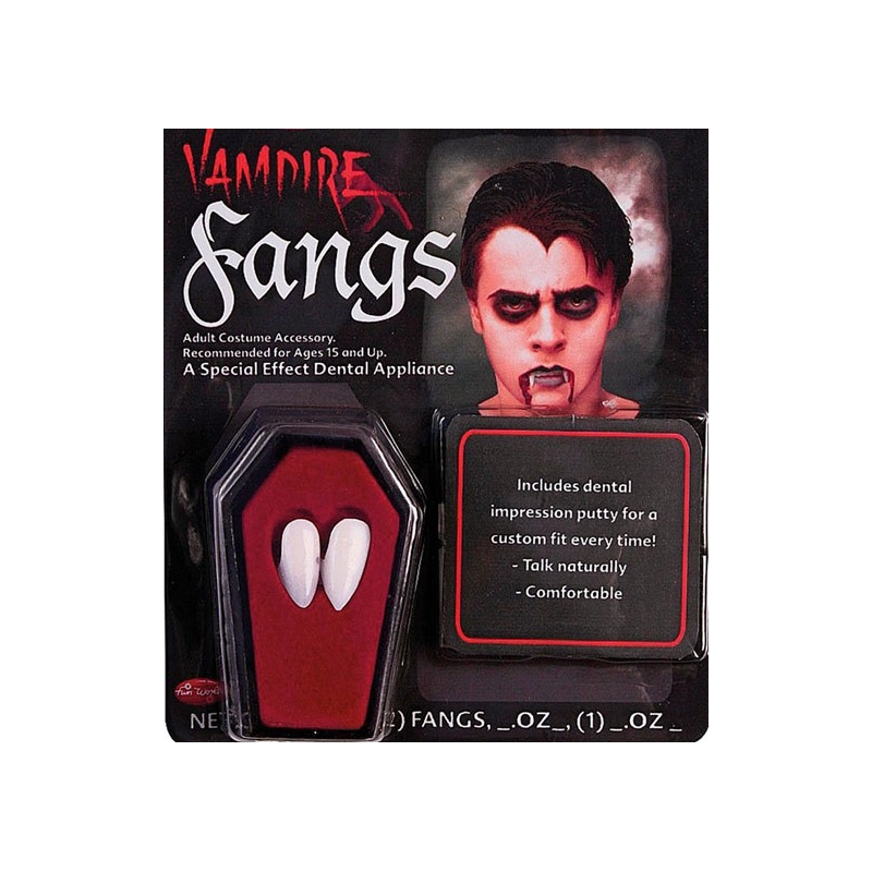 Dents de vampire réalistes avec colle pour réaliser un maquillage de vampire pour Halloween