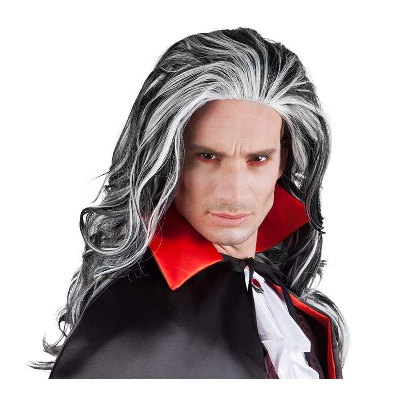 Perruque de vampire pour homme, longs cheveux noirs et blancs - Halloween