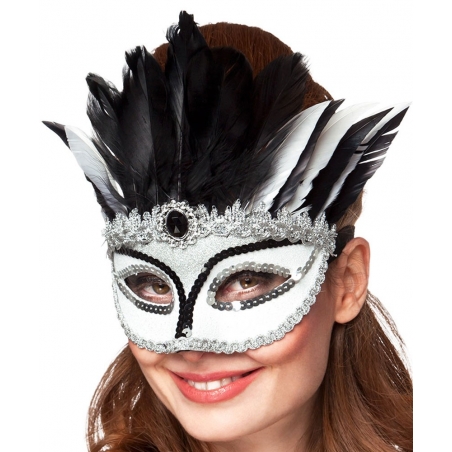 Loup vénitien noir et blanc avec plumes idéal pour un bal masqué