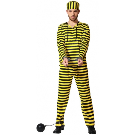 Déguisement de prisonnier jaune et noir pour adulte avec haut, pantalon et calot Déguisement de prisonnier jaune et noir pour adulte avec haut, pantalon et calot