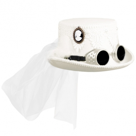 Chapeau mariée Steampunk blanc avec lunettes et voile