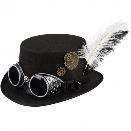 Chapeau Steampunk noir avec rouages et plumes