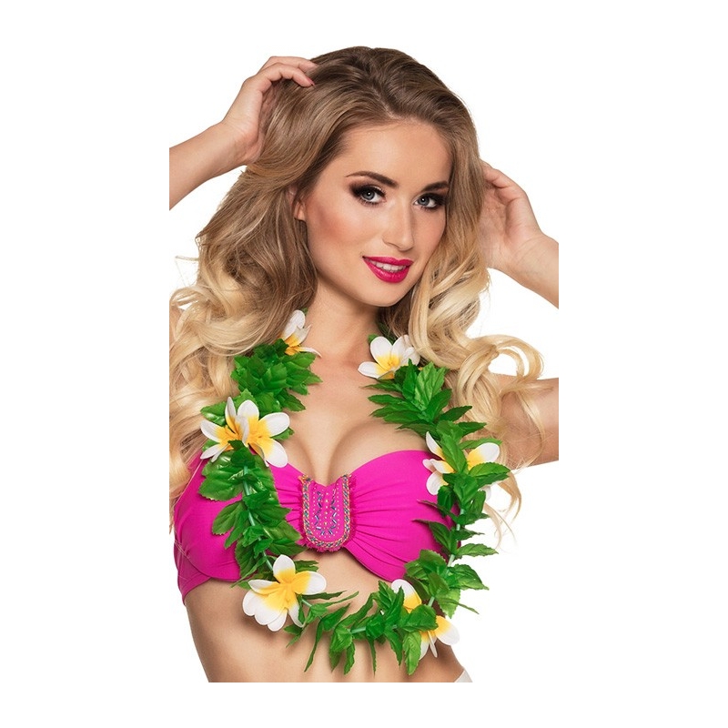 Collier de fleurs Hawaiennes - hibiscus blanc et jaune