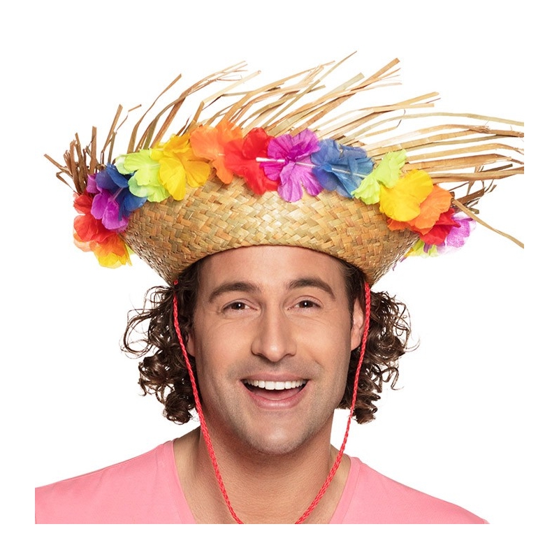 Chapeau de paille hawai avec fleurs pour hommes et femme - Hawaï Party