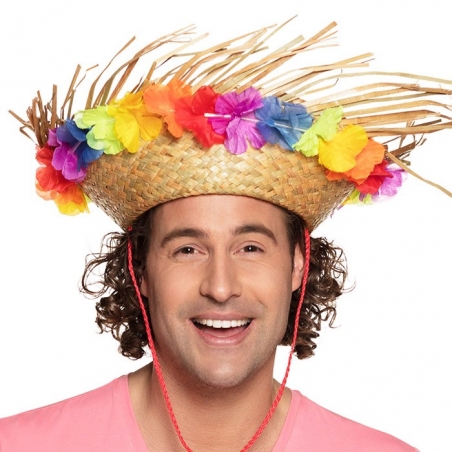 Chapeau de paille hawai avec fleurs pour hommes et femme - Hawaï Party