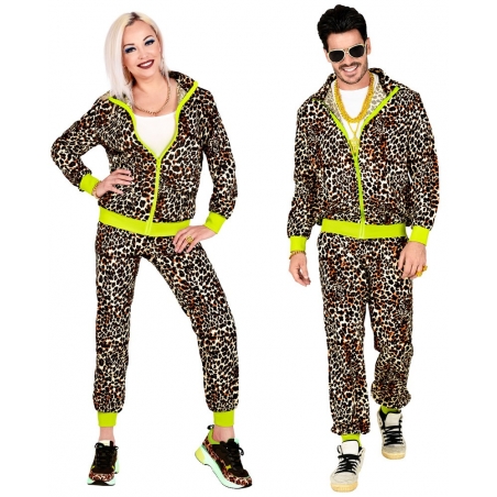 Déguisement années 80 homme femme , jogging leopard avec bandes jaunes fluo