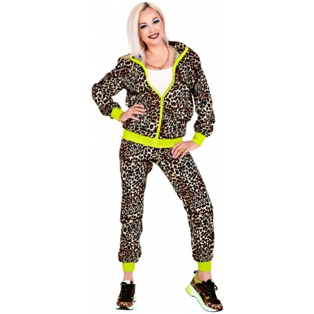 Tenue années 80 femme - jogging leopard avec bandes jaunes fluo