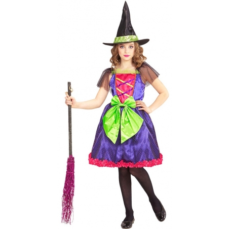 Déguisement de sorcière multicolore pour enfant avec robe et chapeau idéal pour fêter Halloween