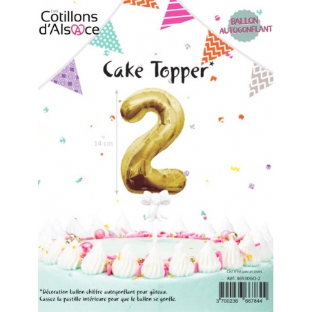 Cake topper, Ballon pour gâteau d'anniversaire, chiffre 2 de couleur or (14 cm de haut)