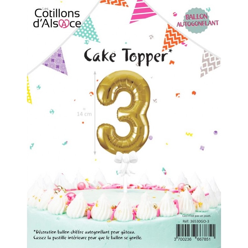 Cake Topper, ballon pour décorer un gâteau d'anniversaire, chiffre 3 de couleur or