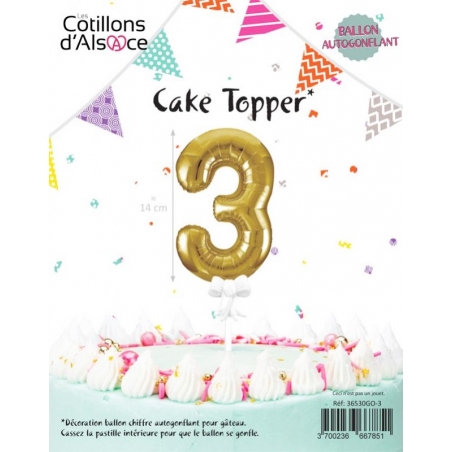 Cake Topper, ballon pour décorer un gâteau d'anniversaire, chiffre 3 de couleur or