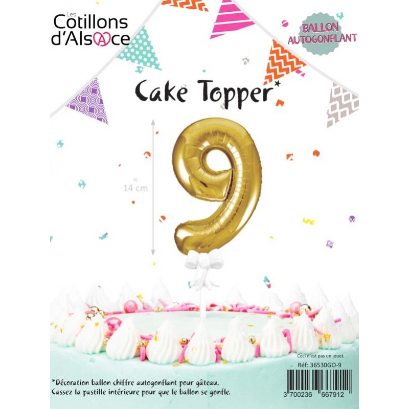 Cake Topper, Ballon pour la décoration de gâteau d'anniversaire -chiffre 9 de couleur or