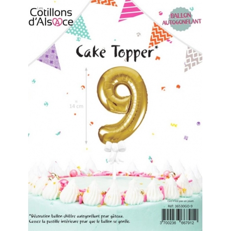 Cake Topper, Ballon pour la décoration de gâteau d'anniversaire -chiffre 9 de couleur or