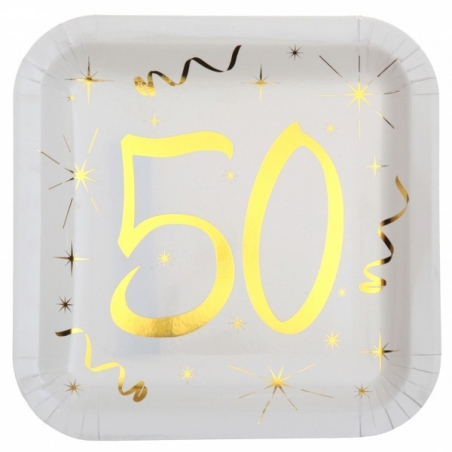 Assiettes anniversaire 50 ans de couleur or et blanc, paquet de 10 assiettes - 16349-50