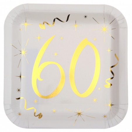 Assiettes anniversaire 60 ans couleur or blanc, un lot idéal pour réaliser votre déco de table