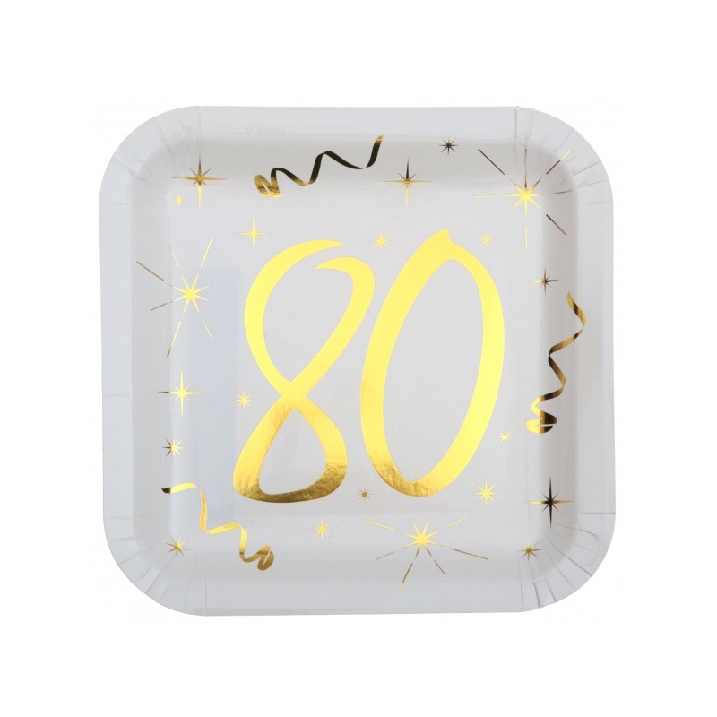 Assiettes anniversaire 80 ans or blanc, déco de table chic et festive