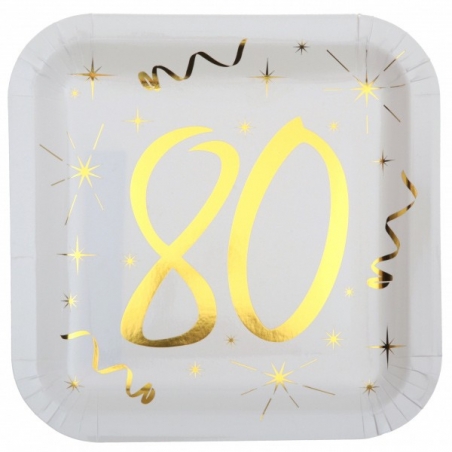 Assiettes anniversaire 80 ans or blanc, déco de table chic et festive