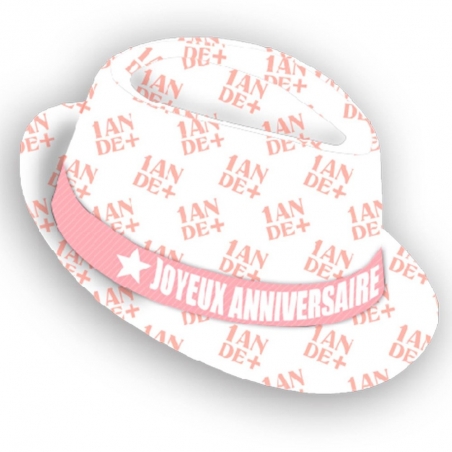 chapeau anniversaire 1 an de plus, borsalino blanc et rose - 14892R1