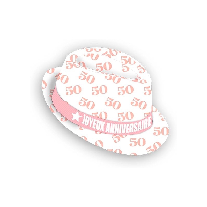 chapeau anniversaire 50 ans pour femme, borsalino rose et blanc - 14892RB50