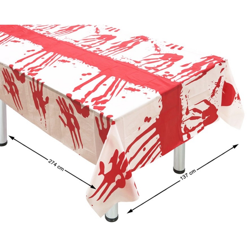 Nappe tachée de sang idéale pour réaliser une décoration de table terrifiante pour halloween